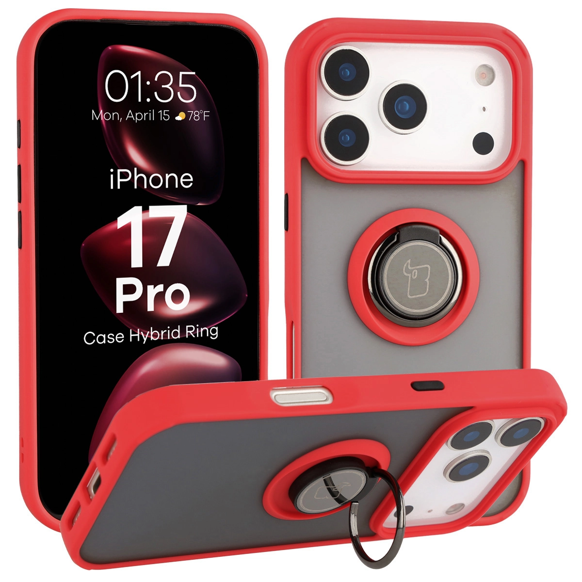 Bizon z uchwytem na palec Hybrid Ring do Apple iPhone 17 Pro Przydymione z Czerwoną ramką