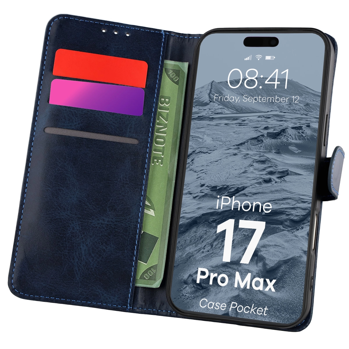 Etui Bizon z klapką Pocket do Apple iPhone 17 Pro Max Granatowy