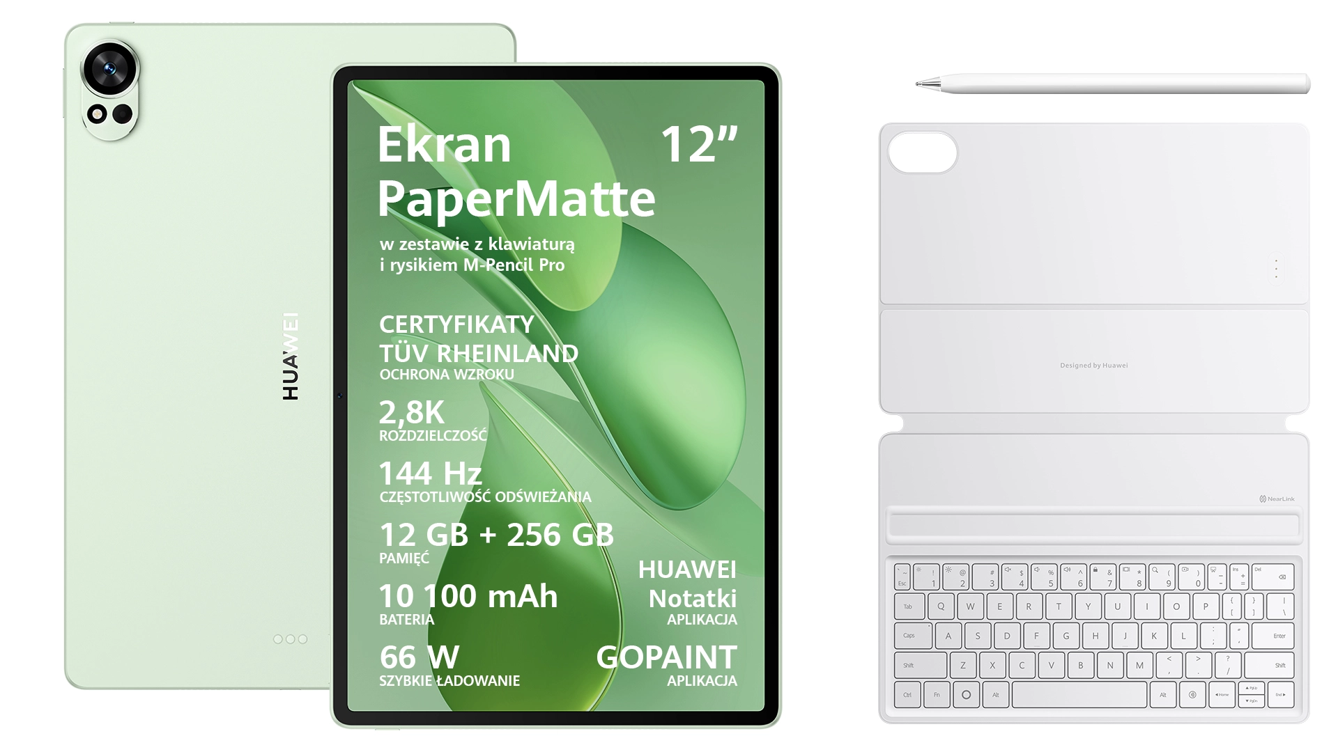 Huawei MatePad PaperMatte Edition 12X 2025 12" 12/256GB Wi-Fi Zielony + Rysik M-Pencil Pro + klawiatura Biały