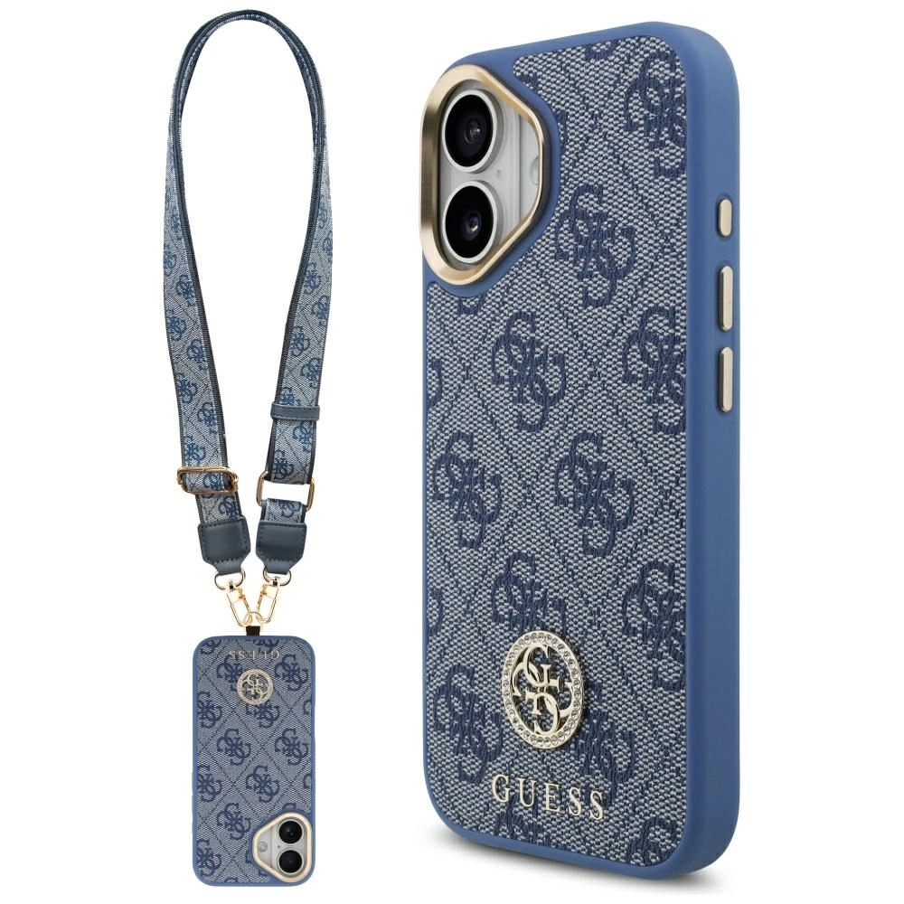 Etui Guess 4G Strass Logo & Big Strap Metal Buttons MagSafe do iPhone 17 niebieski