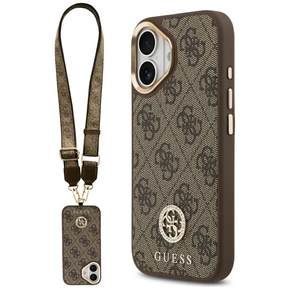 Etui Guess 4G Strass Logo & Big Strap Metal Buttons MagSafe do iPhone 17 brązowy