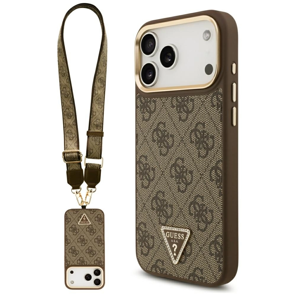 Etui Guess 4G Triangle Logo & Big Strap Metal Buttons MagSafe do iPhone 17 Pro Max brązowy