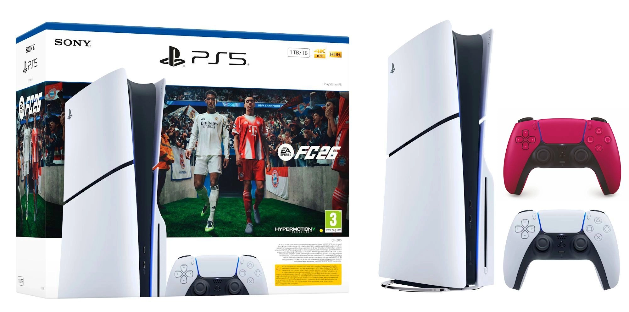 Konsola Sony PlayStation 5 Slim E Chassis (PS5) 1TB z napędem EA SPORTS FC 26 Bundle + Dodatkowy Pad Czerwony