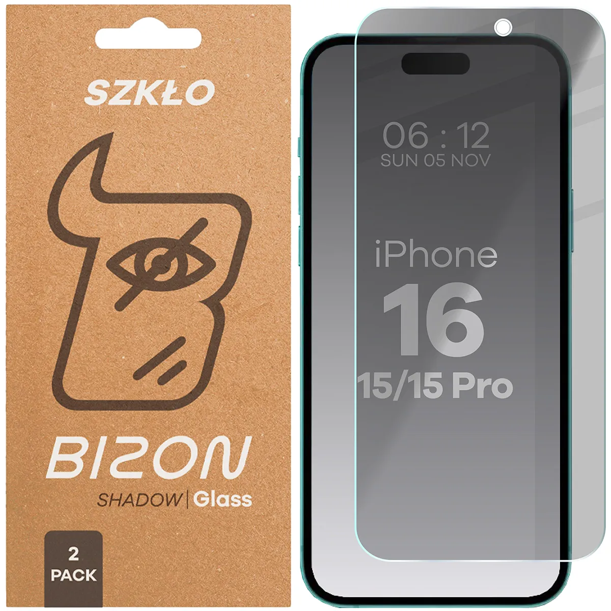 Szkło hartowane Bizon prywatyzujące Clear Shadow Duo do iPhone 15 / 15 Pro / 16