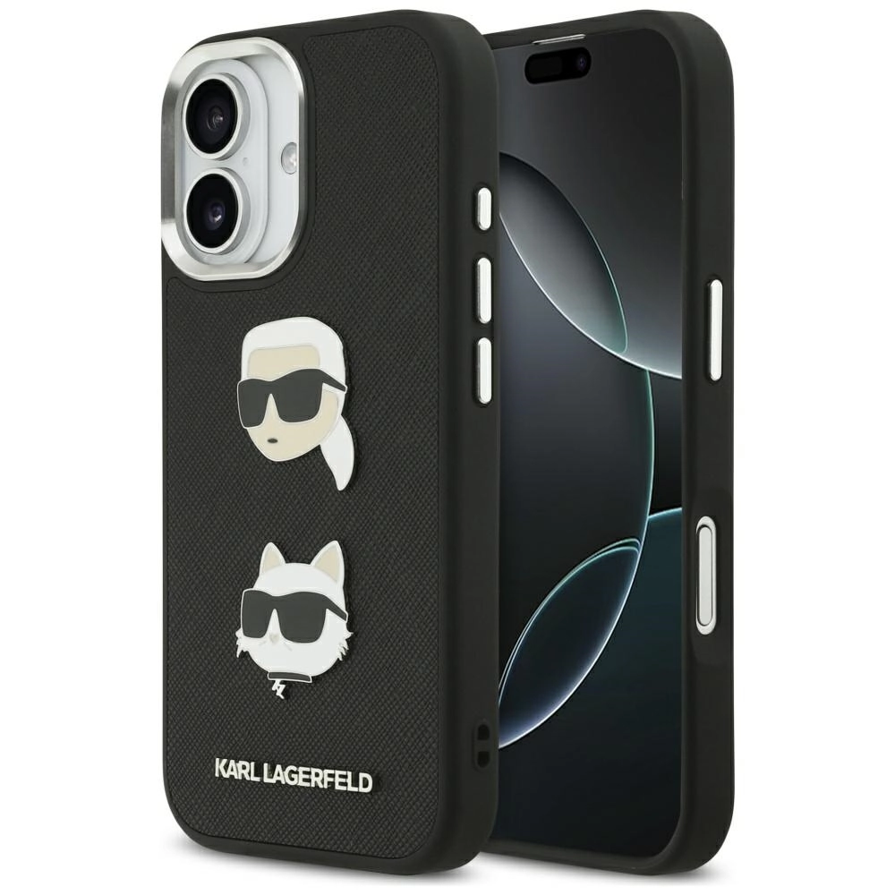 Etui Karl Lagerfeld FW Grained Karl & Choupette Heads Pins & Logo do iPhone 17 Czarny