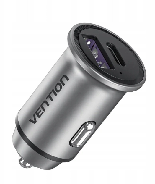 Ładowarka samochodowa Vention 12-24V USB-A USB-C 30W PD Szary