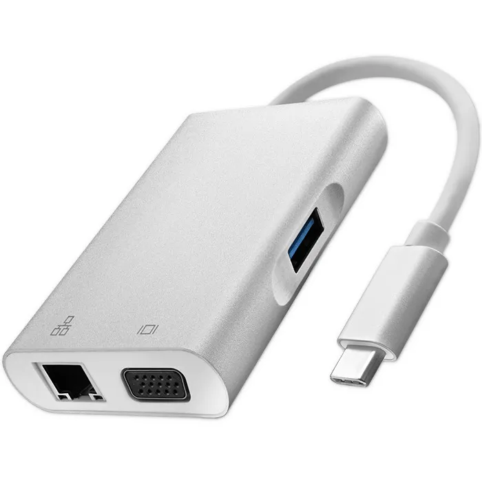 Hub USB Qoltec 50410 Adapter USB-C 3.1 4w1 USB 3.0 VGA RJ45 USB-C PD 92W Srebrny