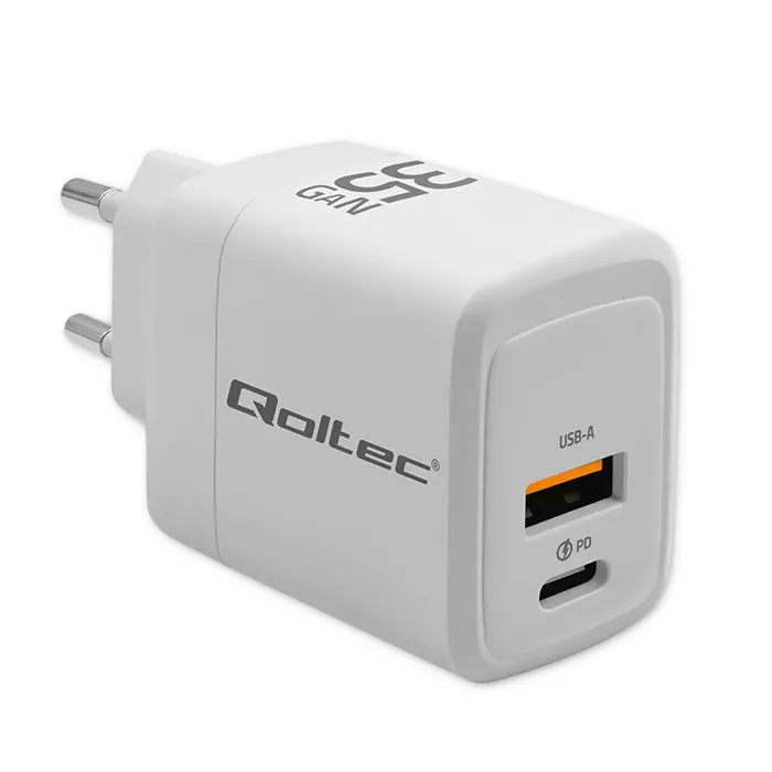 Ładowarka sieciowa Qoltec 51824 GaN USB-A USB-C 35W Biały