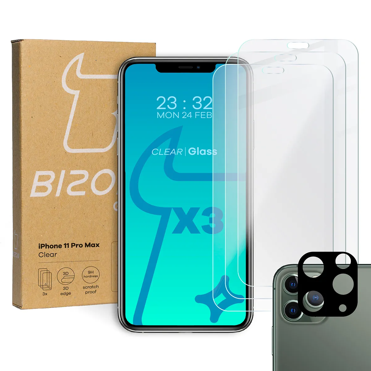 Zestaw ochronny Bizon 3x Szkło hartowane + szybka na aparat Glass Clear Pack do iPhone 11 Pro Max