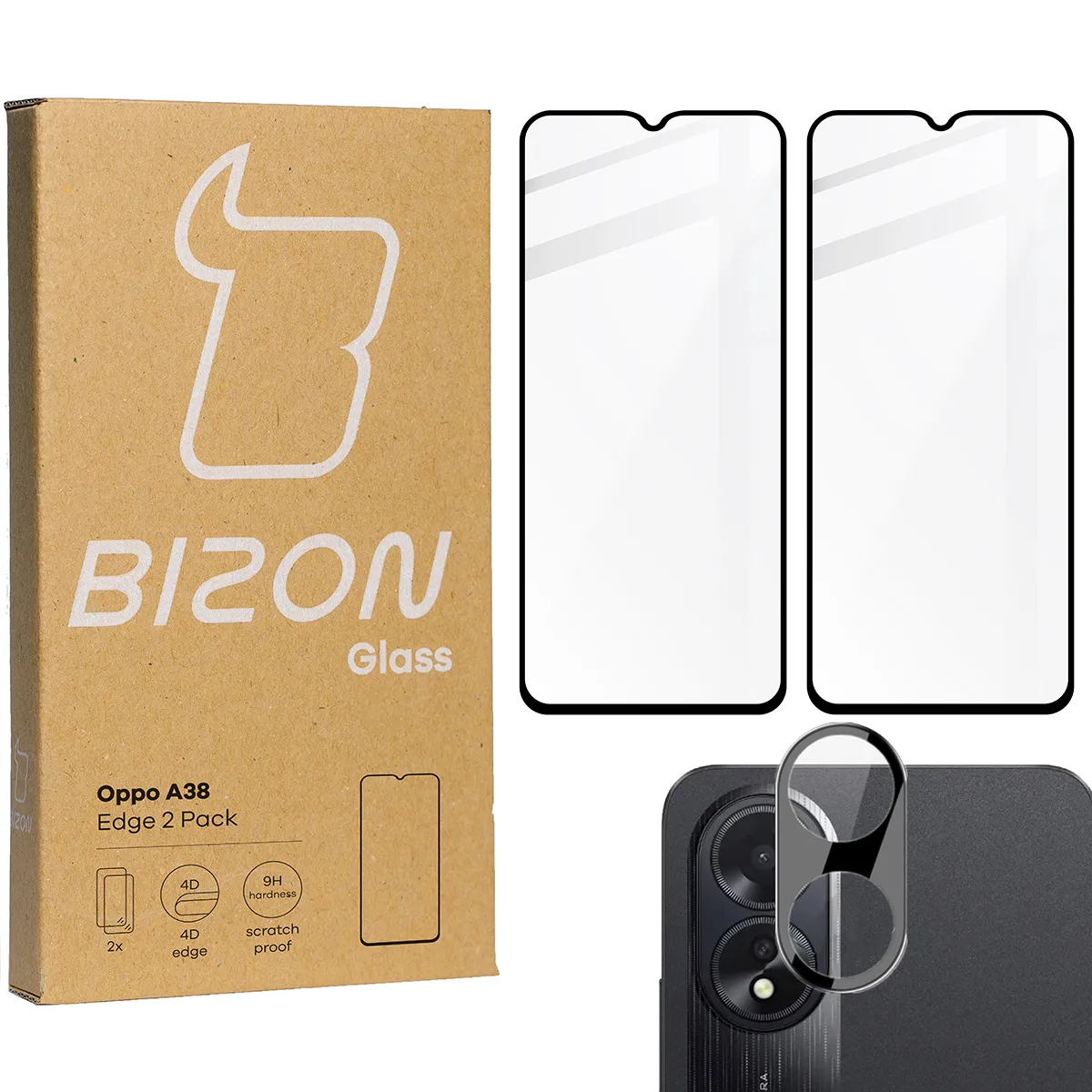 Zestaw ochronny Bizon 2x Szkło + szybka na aparat Edge 2 Pack do Oppo A38 4G