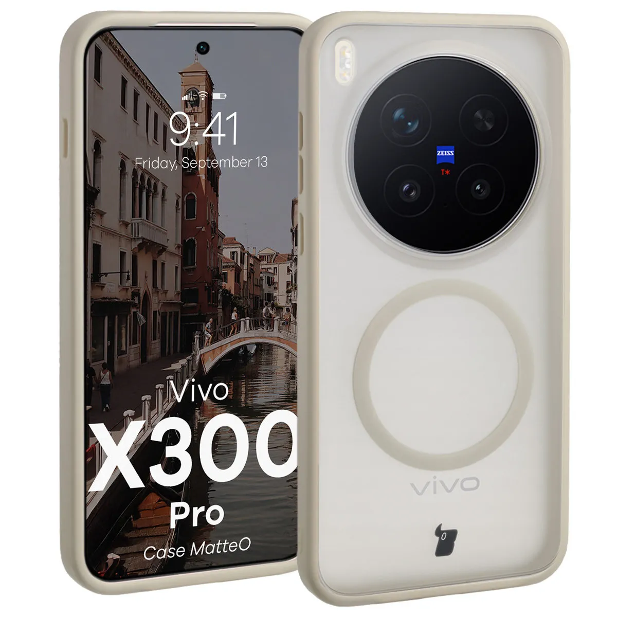 Etui Bizon MatteO do Vivo X300 Pro Półprzezroczyste z beżową ramką