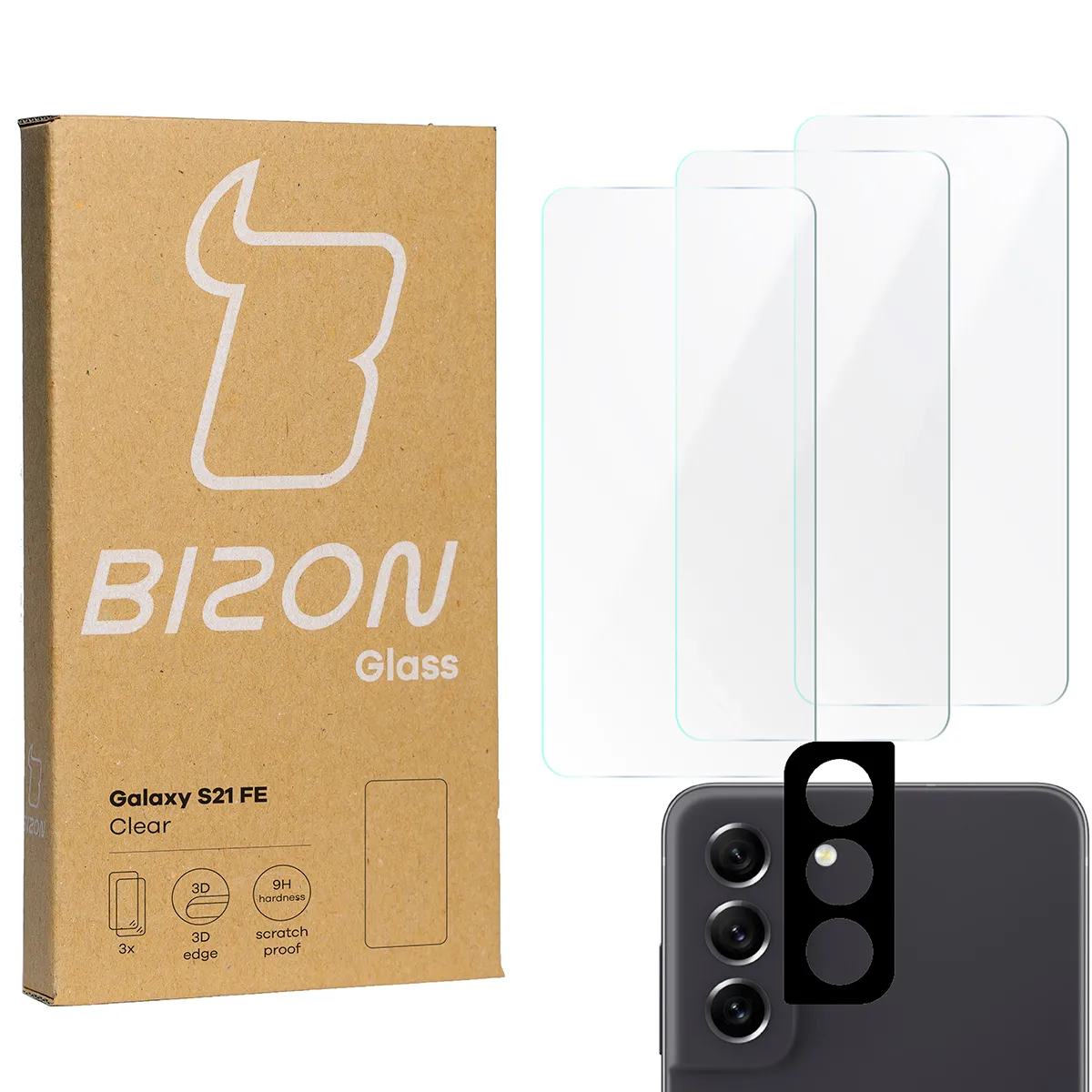 Zestaw ochronny Bizon 3x Szkło hartowane + szybka na aparat Glass Clear Pack do Samsung Galaxy S21 FE