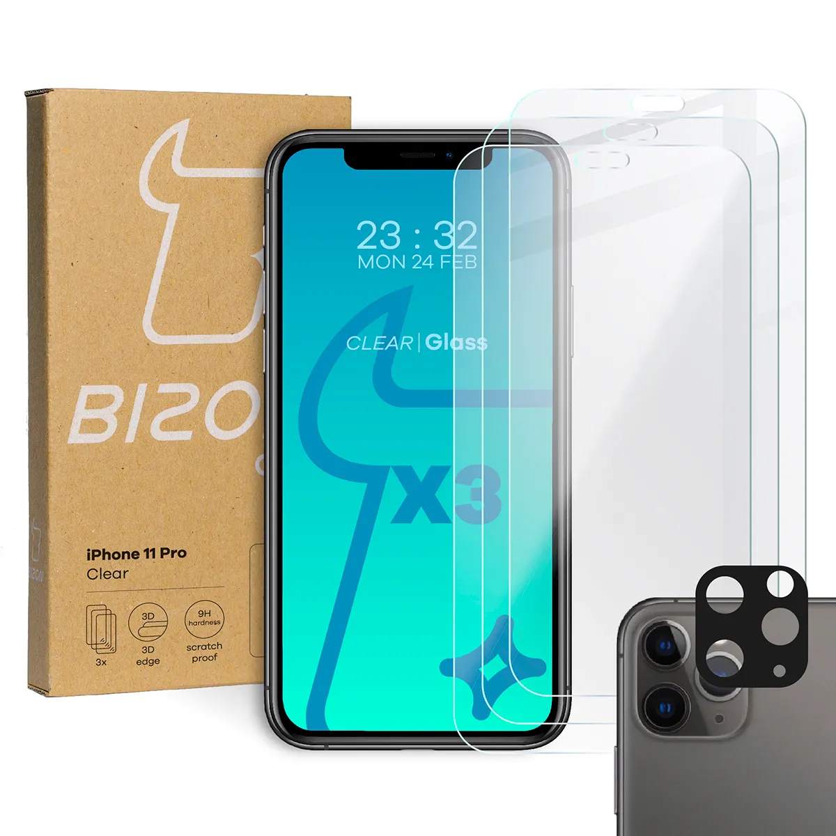 Zestaw ochronny Bizon 3x Szkło hartowane + szybka na aparat Glass Clear Pack do iPhone 11 Pro