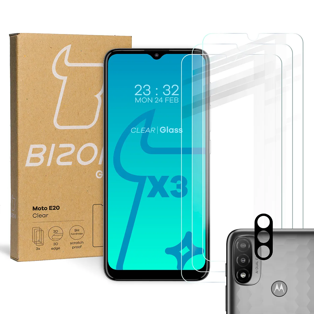 Zestaw ochronny Bizon 3x Szkło hartowane + szybka na aparat Glass Clear Pack do Motorola Moto E20