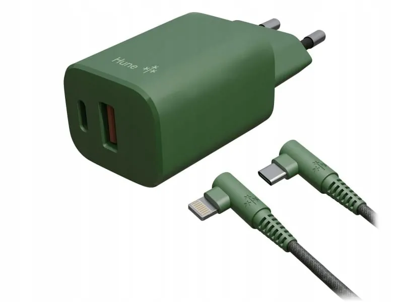 Ładowarka sieciowa Hune Eco USB-A USB-C 20W Zielony + Kabel USB-C-Lightning 1,2m