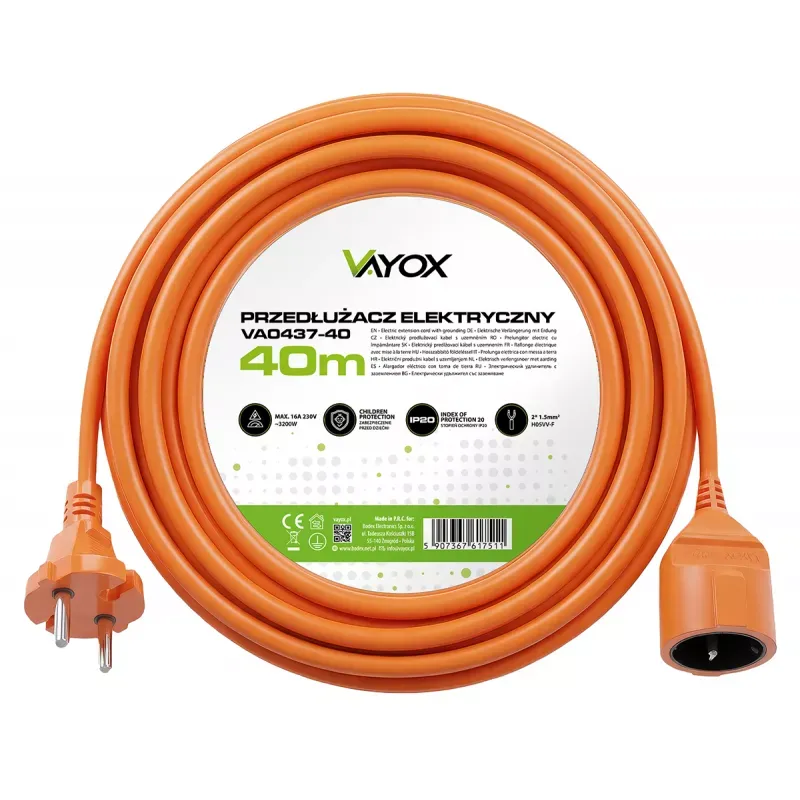 Przedłużacz Vayox VA0437-40 1 gniazdo 40m Pomarańczowy