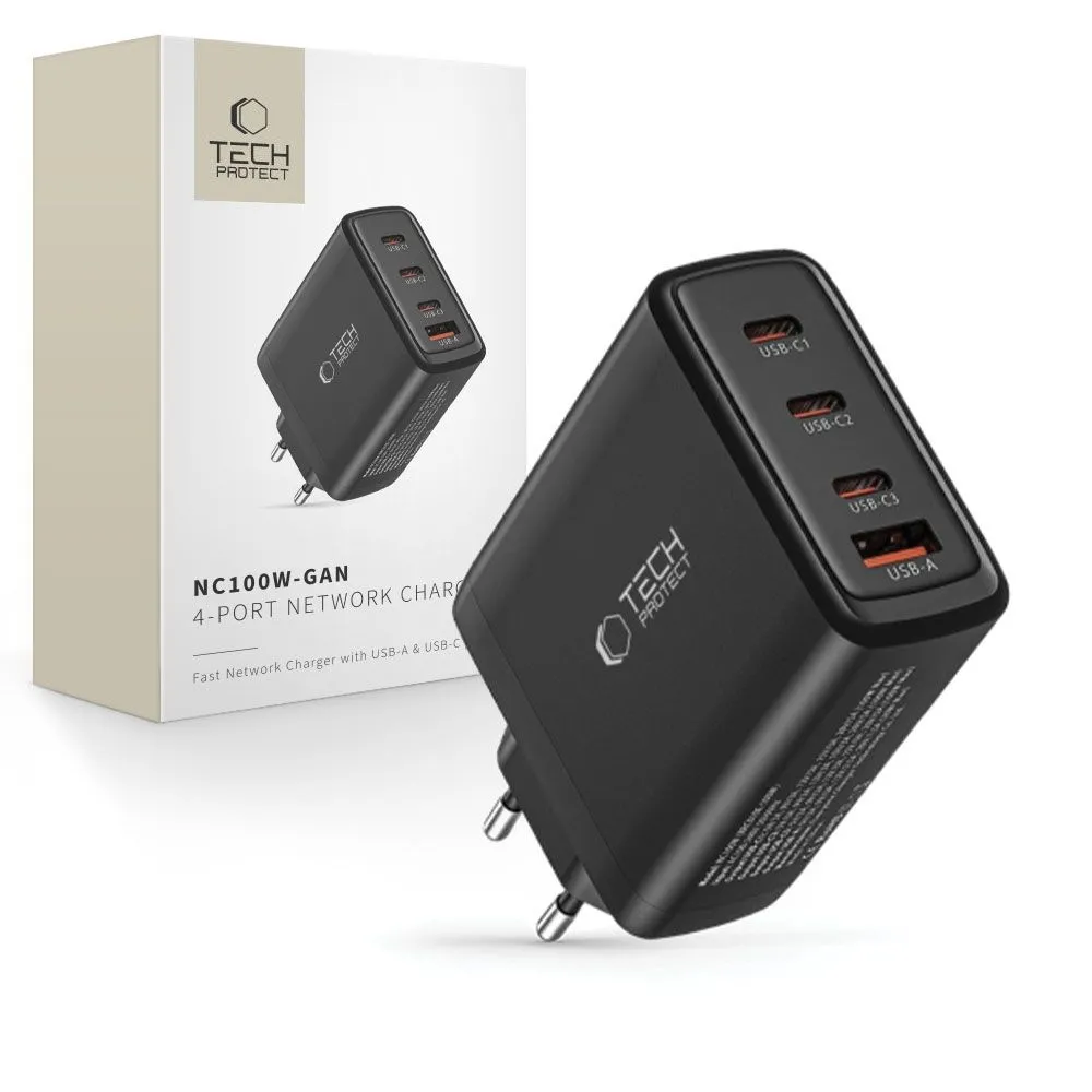 Ładowarka sieciowa Tech-Protect NC100W-GAN QC3.0 PD USB-A 3x USB-C 100W Czarny
