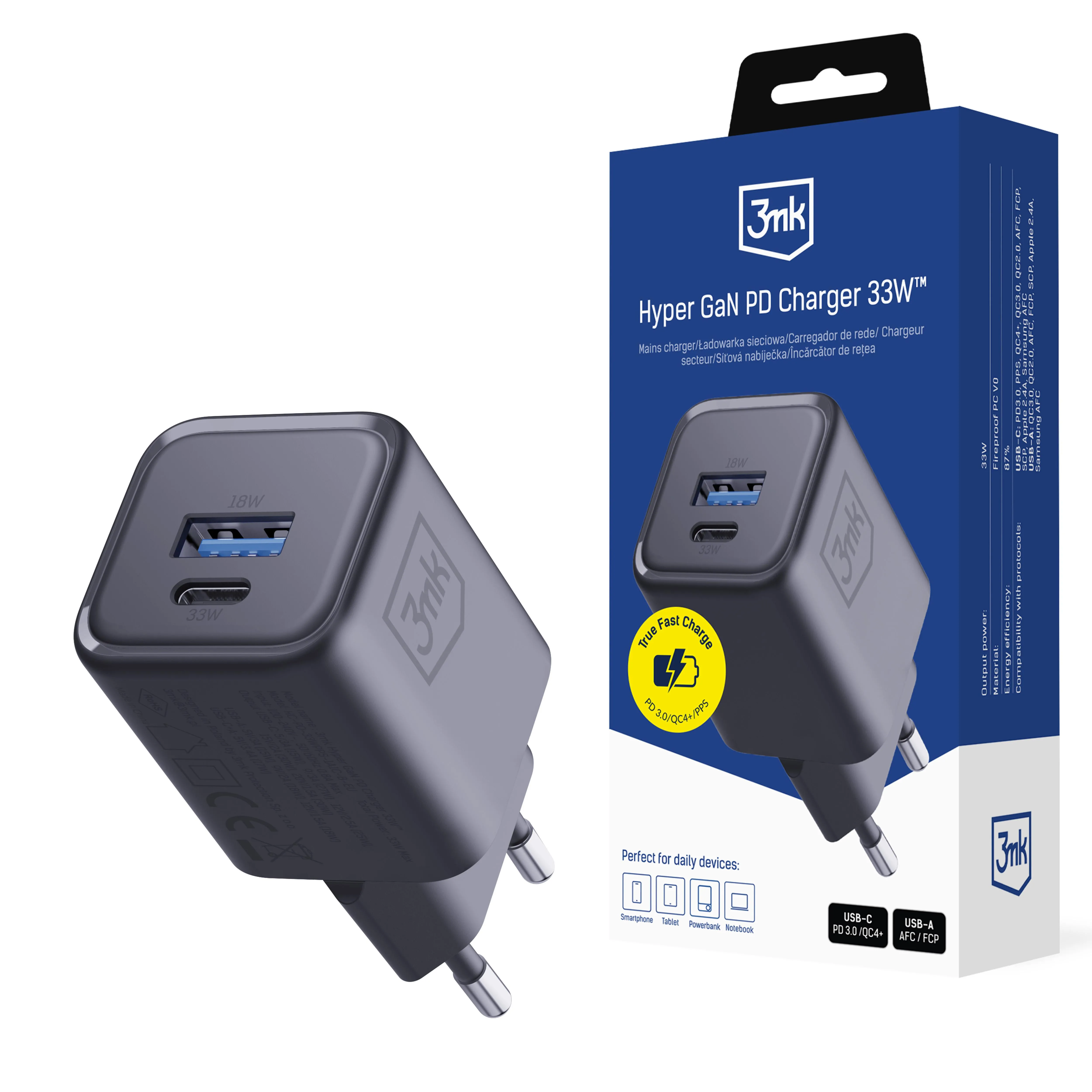 Ładowarka sieciowa 3mk Hyper Charger GaN PD QC4+ USB-A USB-C 33W Czarny