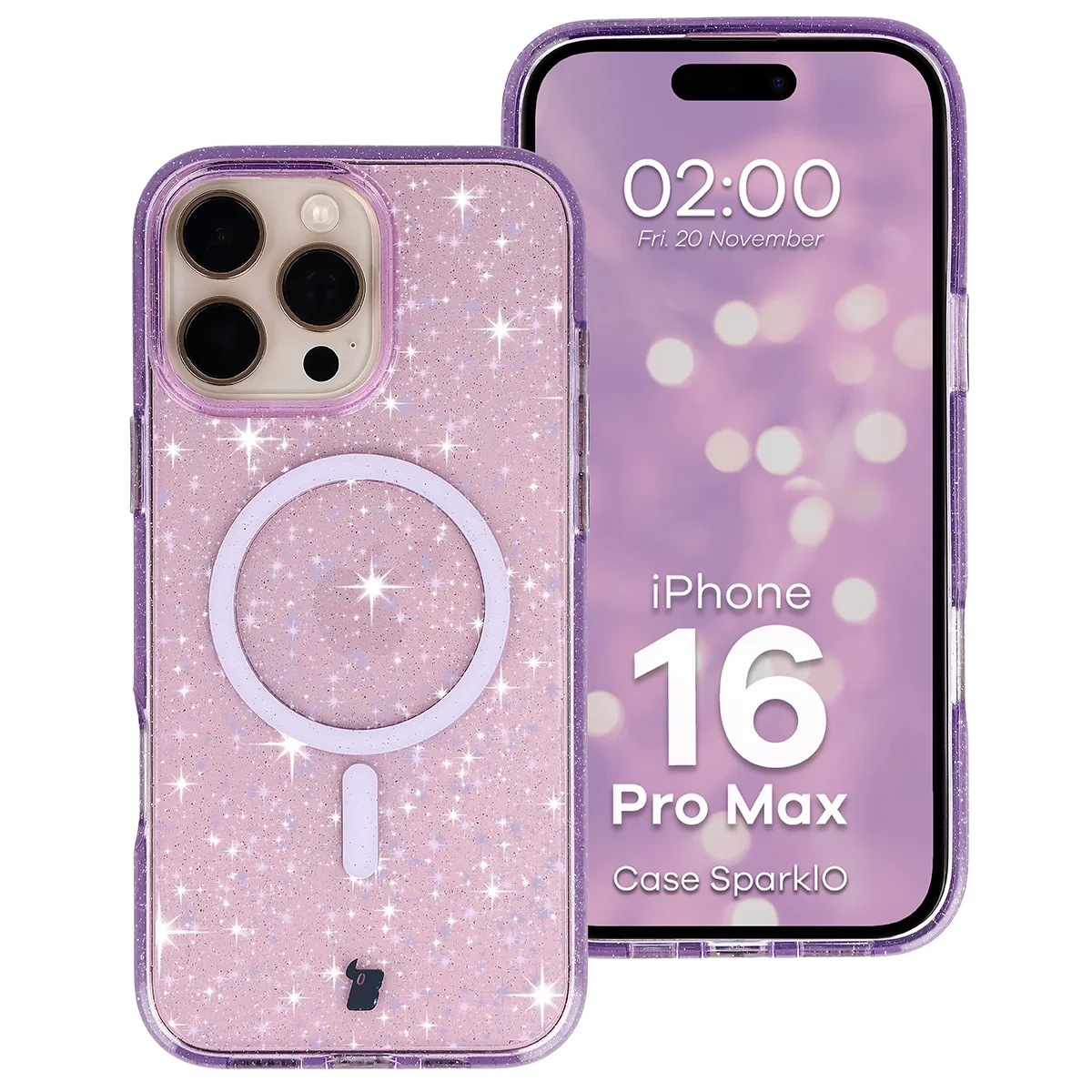 Etui Bizon Case SparklO do iPhone 16 Pro Max Przezroczysto-Fioletowe Z Brokatem