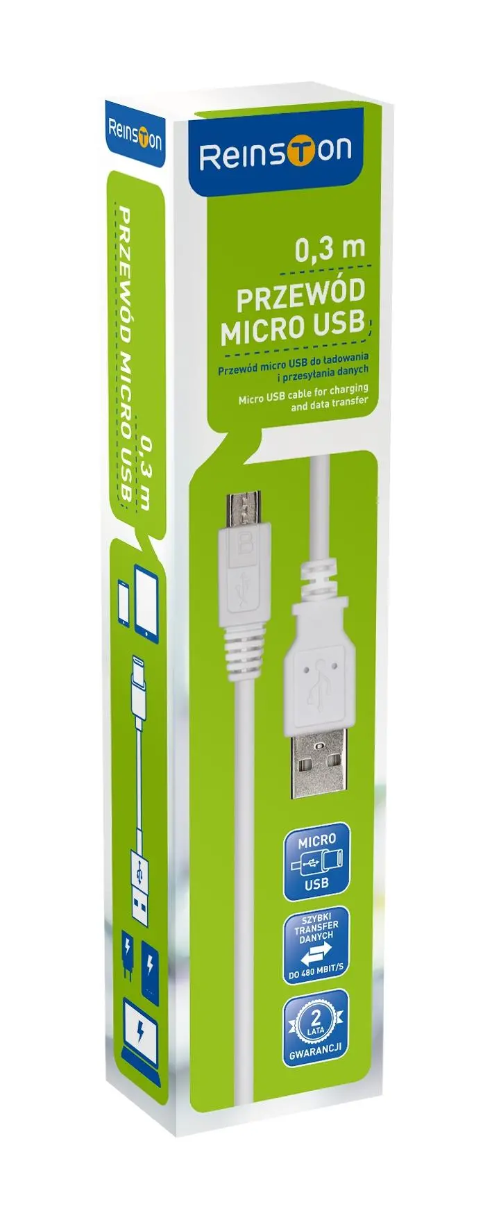 Kabel Reinston EKT04 microUSB 30cm Biały