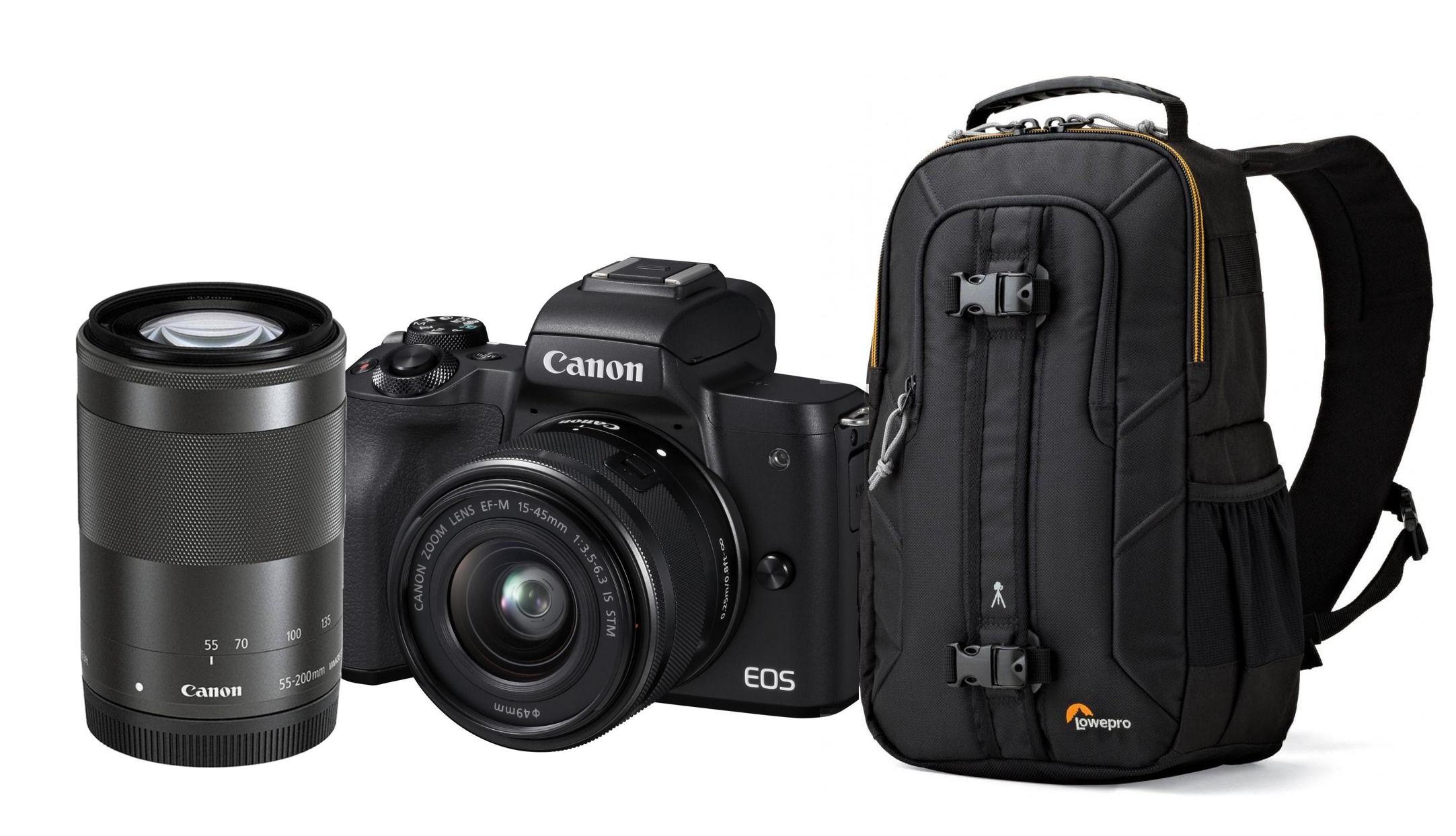 Canon EOS M50 + 15-45mm + 55-200mm (czarny) + torba
