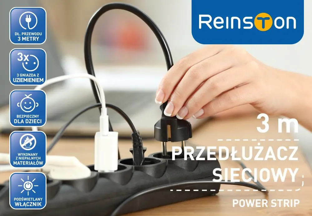Przedłużacz Reinston EPRZ013 3 gniazda 3m Czarny