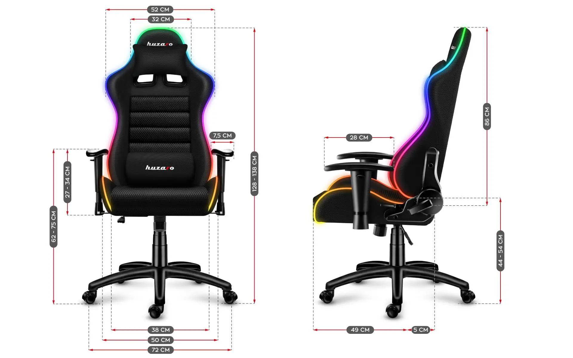 Fotel Huzaro Force 6.0 RGB Mesh Gamingowy do 130kg Tkanina Skóra ECO Czarno-szary