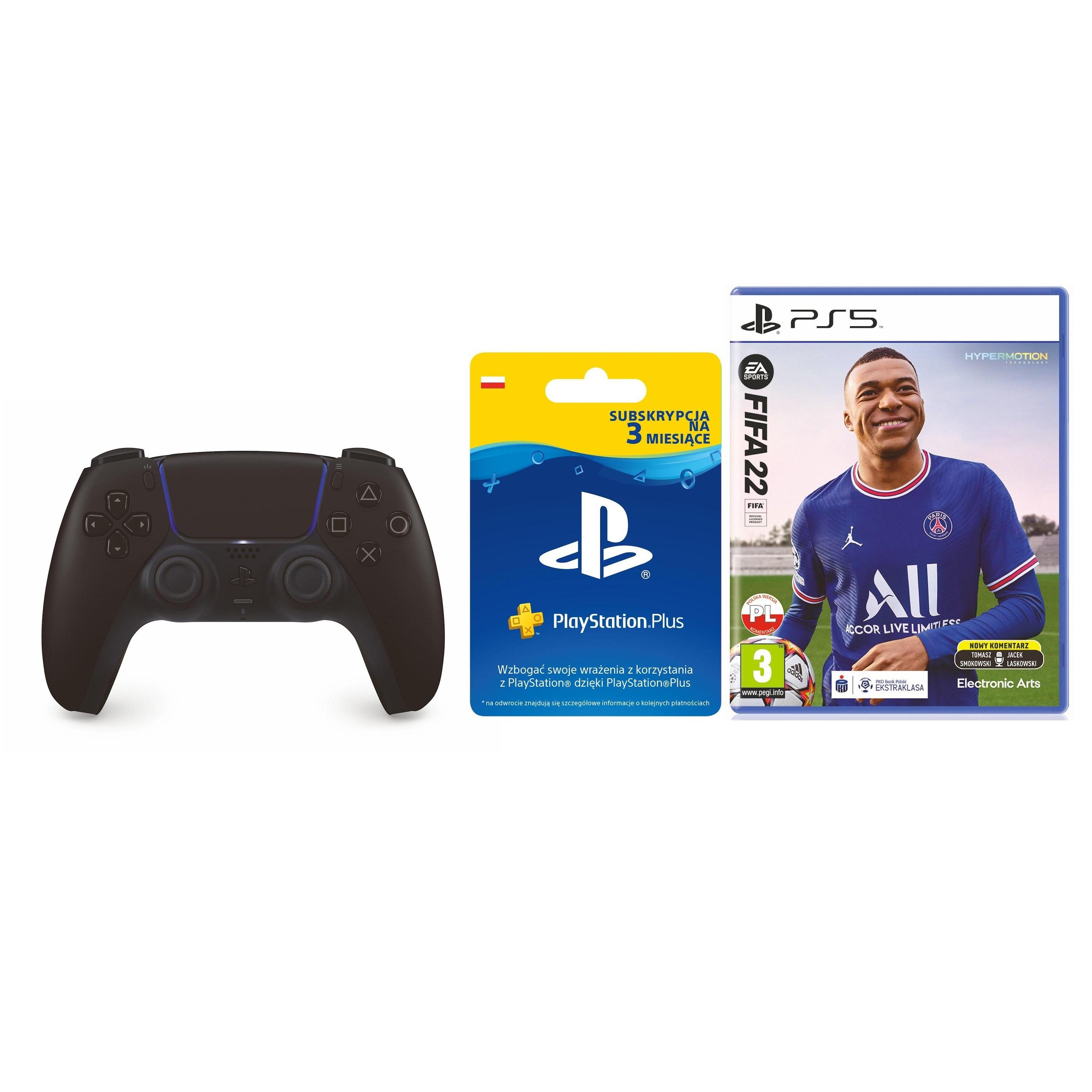 Pad Sony DualSense + FIFA 22 + subskrypcja PlayStation Plus (3 m-ce karta zdrapka)  do PS5 - bezprzewodowy - czarny