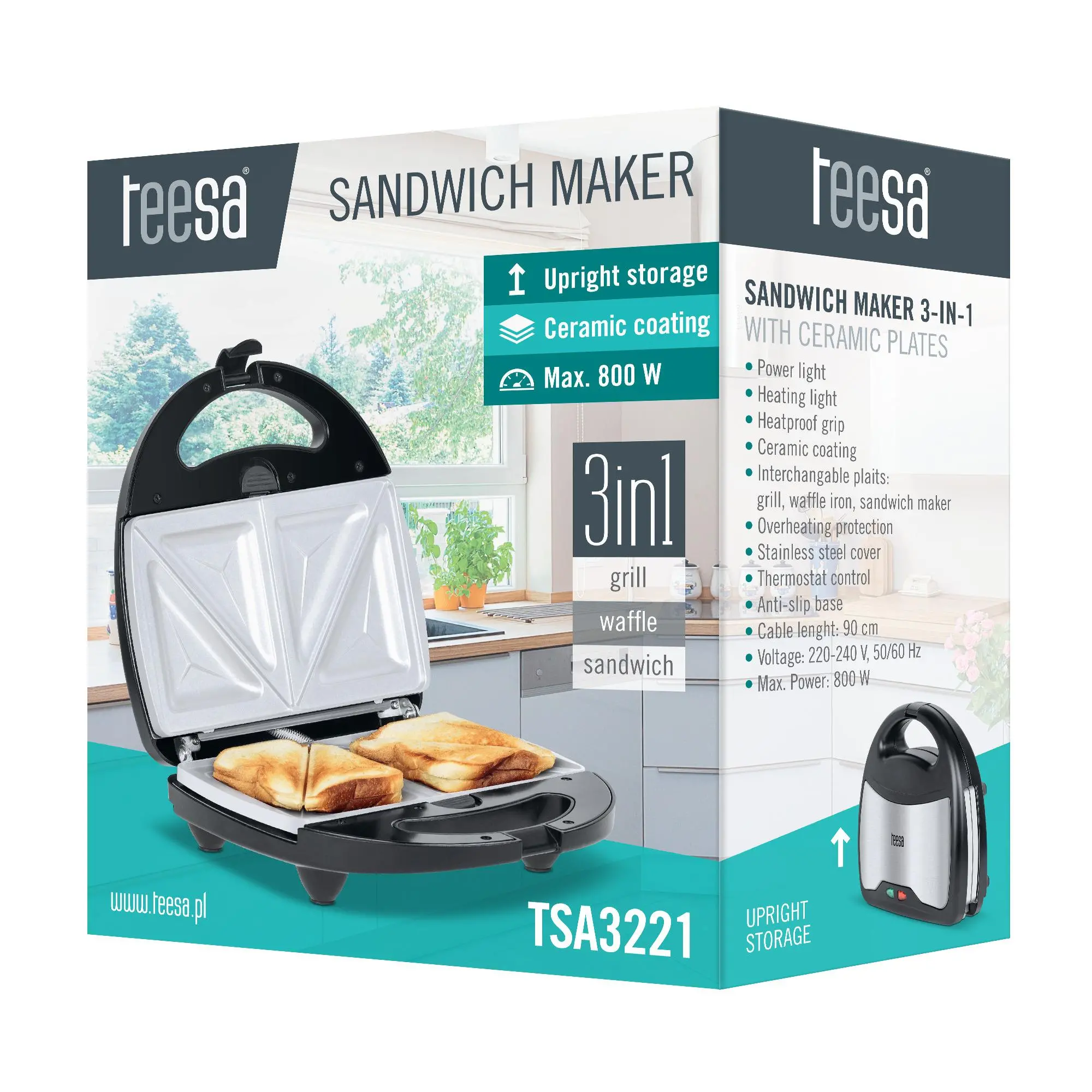 Opiekacz Teesa TSA3221 3w1 Trójkąty Gofry Panini 800W