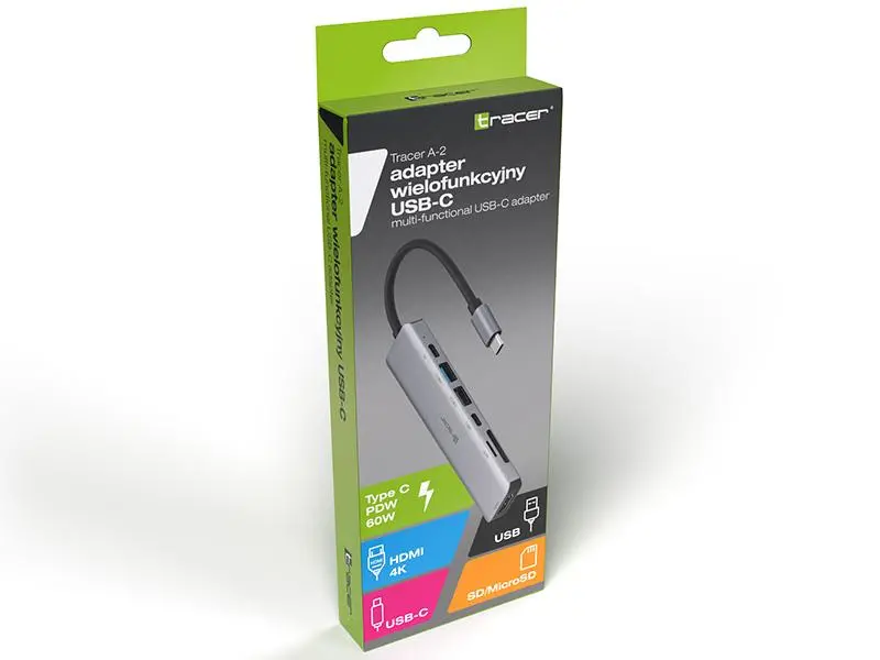 Adapter Tracer A-2 (TRAPOD46997) USB-C z czytnikiem kart, HDMI 4K, USB 3.0, PD 60W