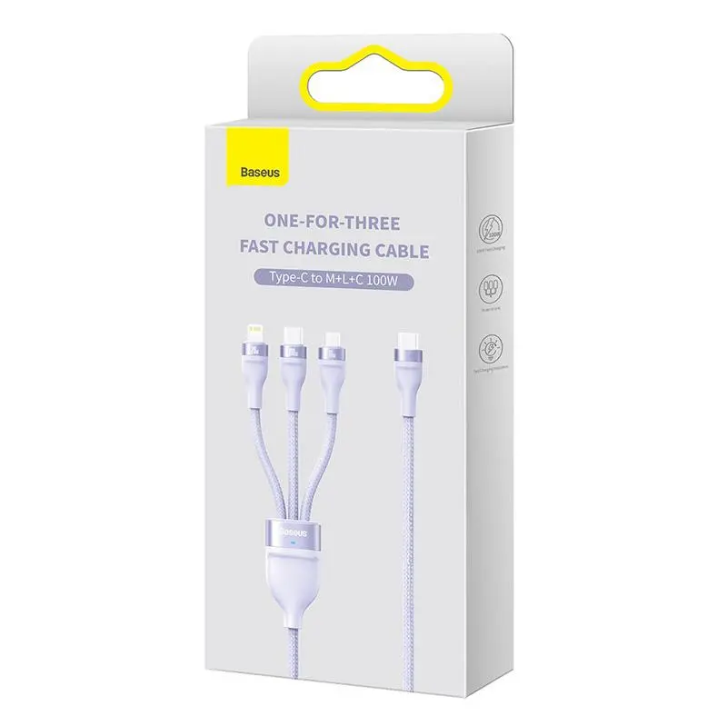 Kabel Baseus Flash Series 2 3w1 USB-C + micro USB + Lightning 100W 1,5m Fioletowy