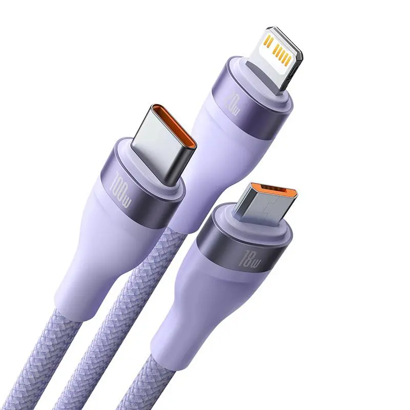 Kabel Baseus Flash Series 2 3w1 USB-C + micro USB + Lightning 100W 1,5m Fioletowy