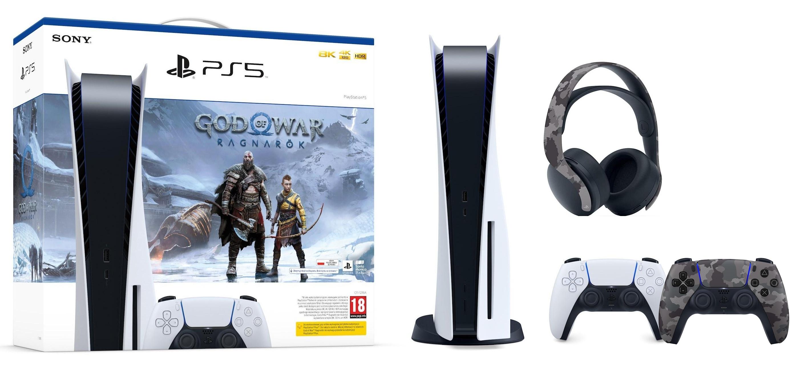 Konsola Sony PlayStation 5 (PS5) z napędem + dodatkowy pad + słuchawki PULSE 3D (szary kamuflaż) + God of War Ragnarok