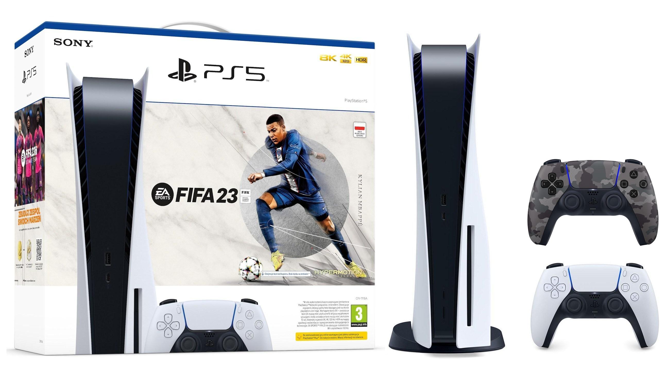 Konsola Sony PlayStation 5 (PS5) z napędem + dodatkowy pad (szary kamuflaż) + FIFA 23