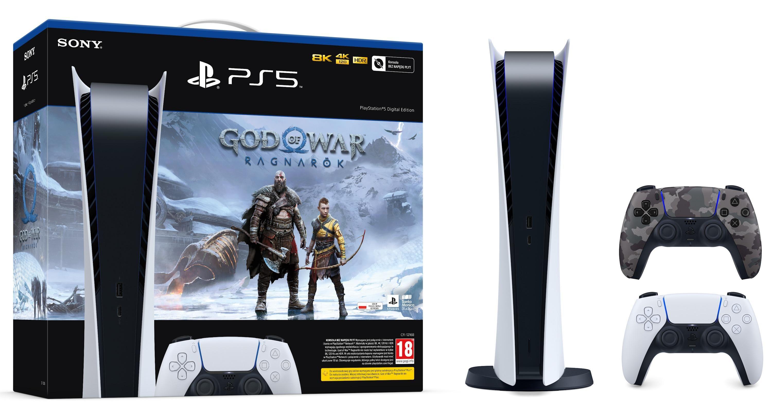 Konsola Sony PlayStation 5 Digital Edition (PS5) + dodatkowy pad (szary kamuflaż) + God of War Ragnarok
