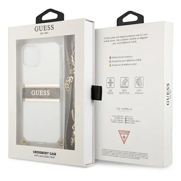 Etui Guess 4G Brown Strap Gold Chain GUHCP13SKC4GBGO do iPhone 13 mini