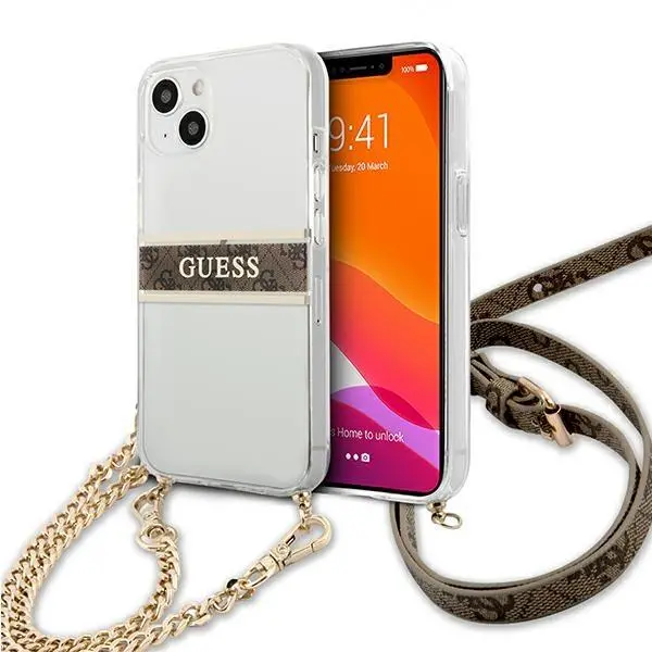 Etui Guess 4G Brown Strap Gold Chain GUHCP13SKC4GBGO do iPhone 13 mini