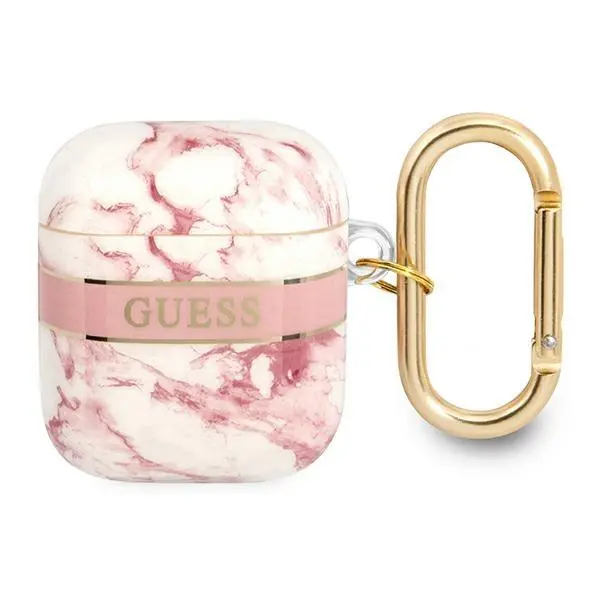Etui na słuchawki Guess Marble Strap Collection do AirPods Różowo-biały