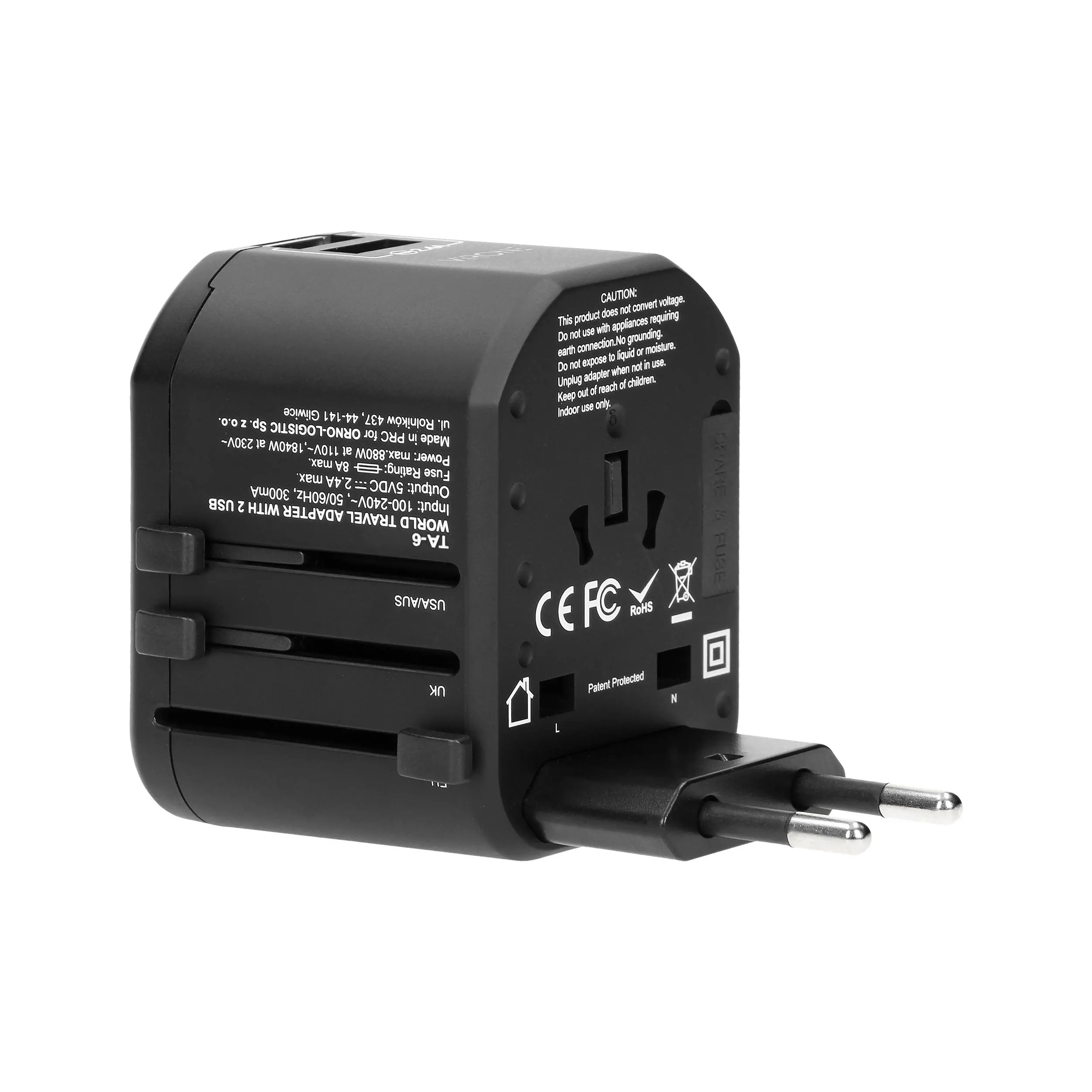 Adapter podróżny Virone TA-6 - 100-240 V, 8A, USB 5V, 2.4A