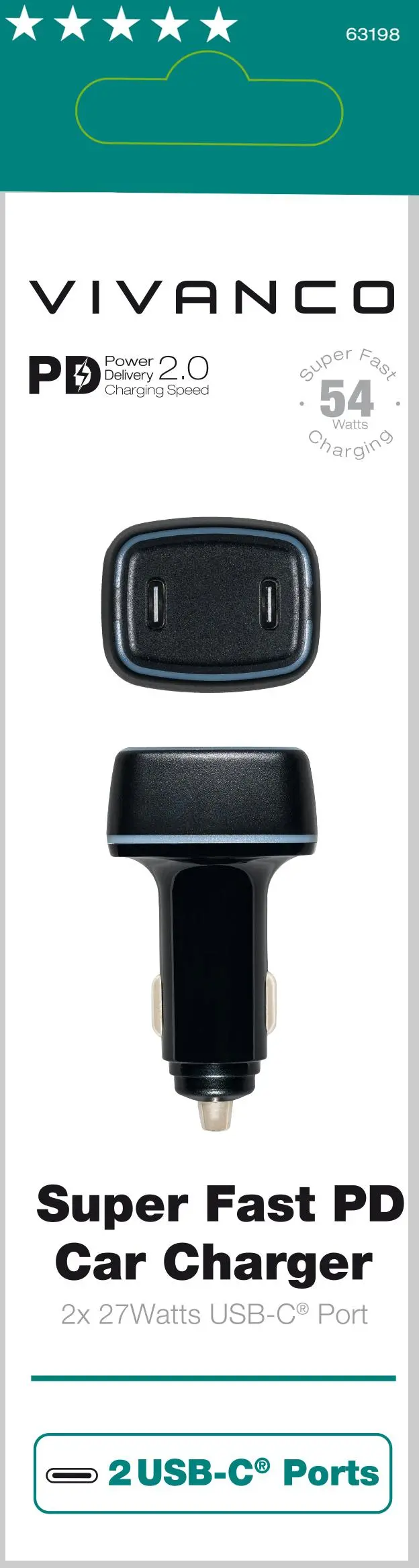 Ładowarka samochodowa Vivanco 63198 Super Fast PD Car Charger 54W Czarny