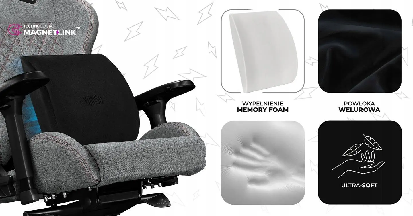 Fotel Yumisu 2050 Magnetic Materiał Biurowy do 150kg Tkanina Jasnoszaro-czerwony