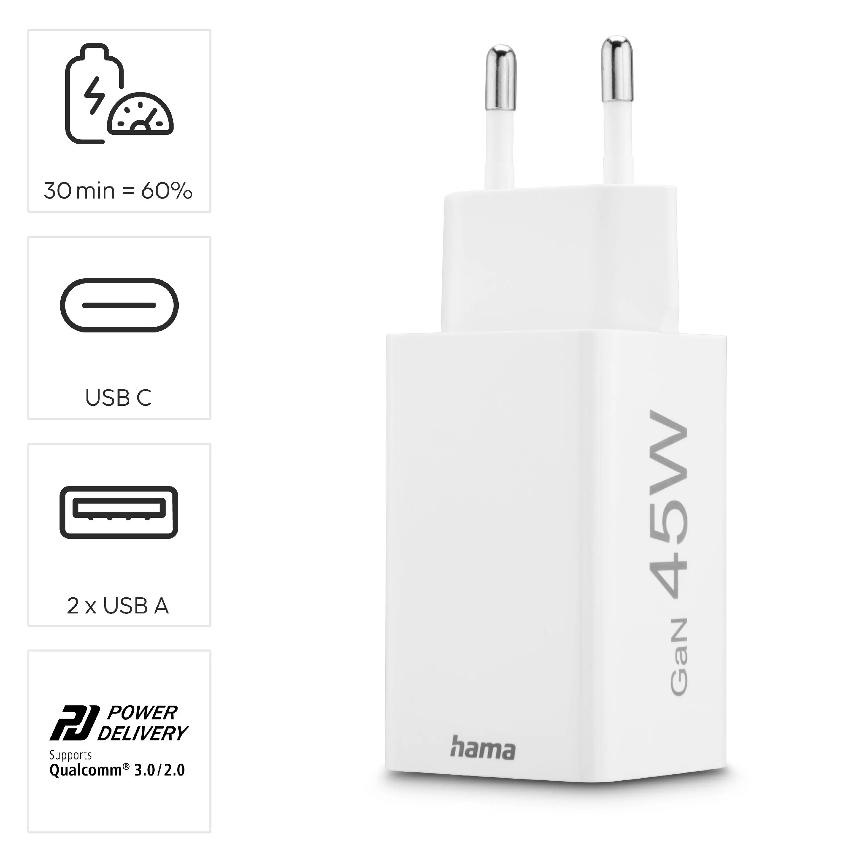 Ładowarka sieciowa Hama mini 45W GaN QC Biały