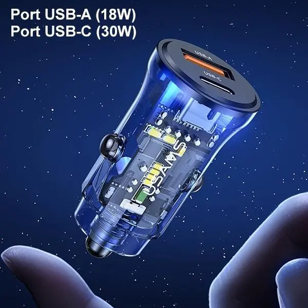 Ładowarka samochodowa USAMS C32 1xUSB+1xUSB-C Fast Charge 30W Niebieski