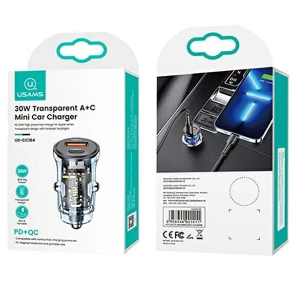 Ładowarka samochodowa USAMS C32 1xUSB+1xUSB-C Fast Charge 30W Niebieski