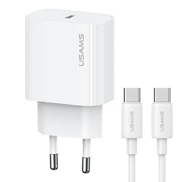 Ładowarka sieciowa USAMS OYXLTZ01 1xUSB-C PD20W PD Fast Charging + kabel USB-C/USB-C 60W Biały