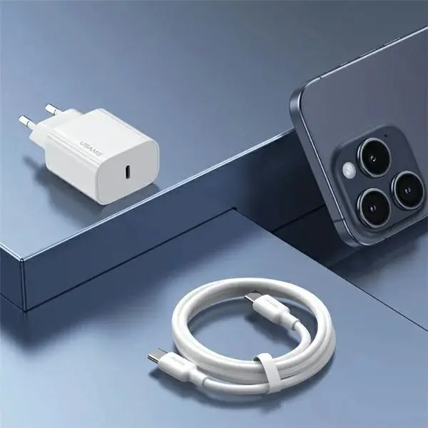 Ładowarka sieciowa USAMS OYXLTZ01 1xUSB-C PD20W PD Fast Charging + kabel USB-C/USB-C 60W Biały