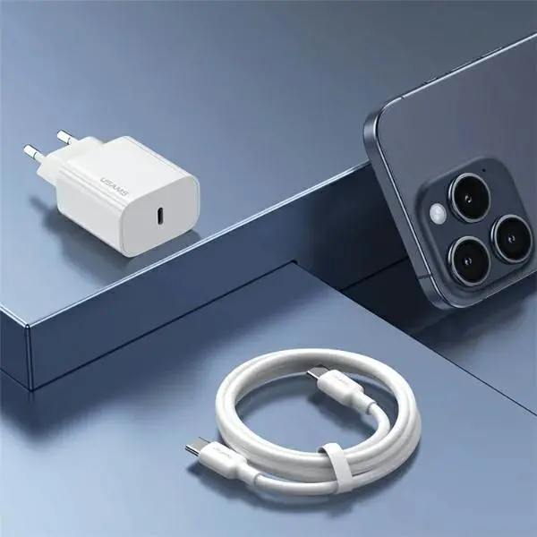 Ładowarka sieciowa USAMS OYXLTZ02 1xUSB-C T65 PD20W PD Fast Charging + kabel USB-C/Lightning US-SJ712 30W Biały