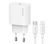 USAMS OYXLTZ02 1xUSB-C T65 PD20W PD Fast Charging + kabel USB-C/Lightning US-SJ712 30W Biały