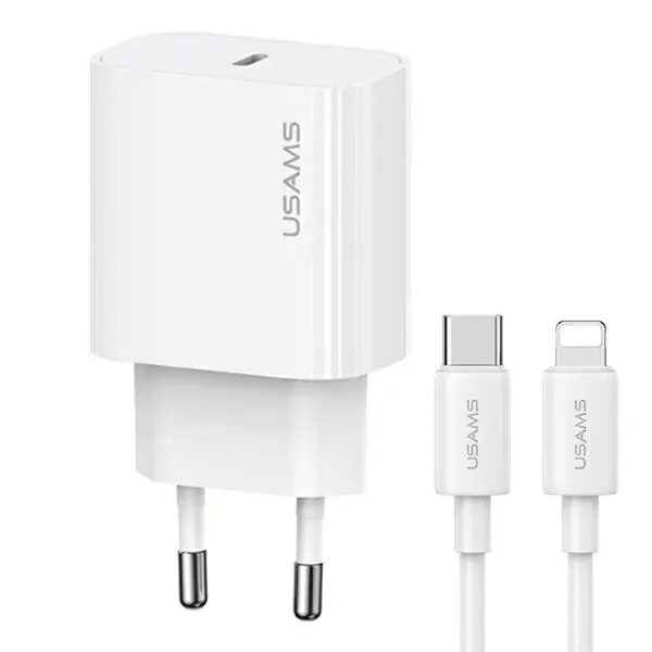Ładowarka sieciowa USAMS OYXLTZ02 1xUSB-C T65 PD20W PD Fast Charging + kabel USB-C/Lightning US-SJ712 30W Biały