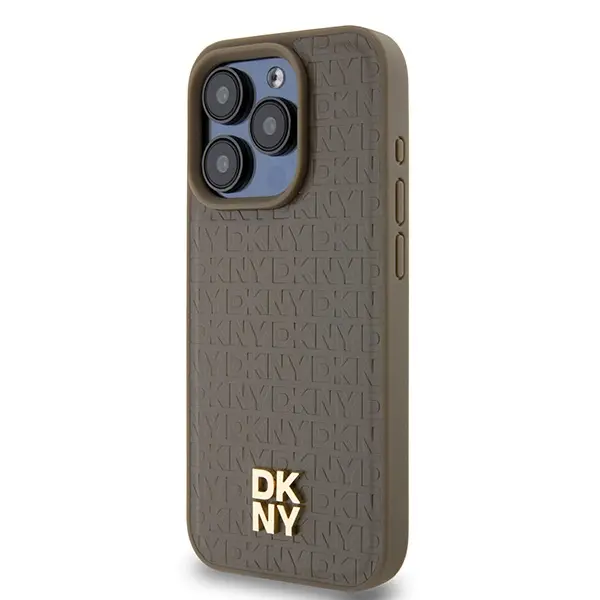 Etui DKNY Leather Pattern Metal Logo MagSafe do iPhone 15 Pro Max Brązowy